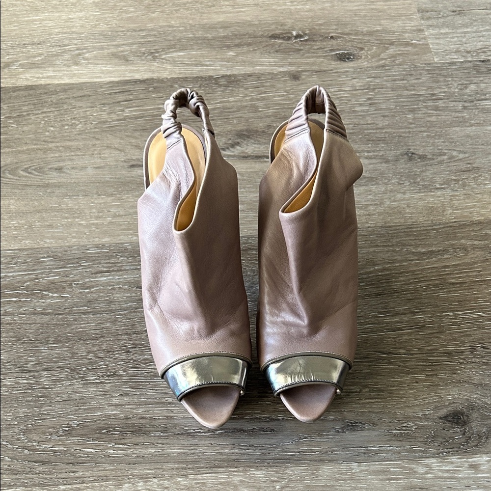 Devi Kroell Taupe Silver Metallic Leather Peep Toe Platform Booties